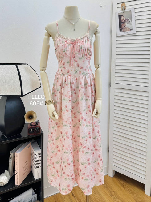 Ladies Spaghetti Straps Floral Print Long Dress